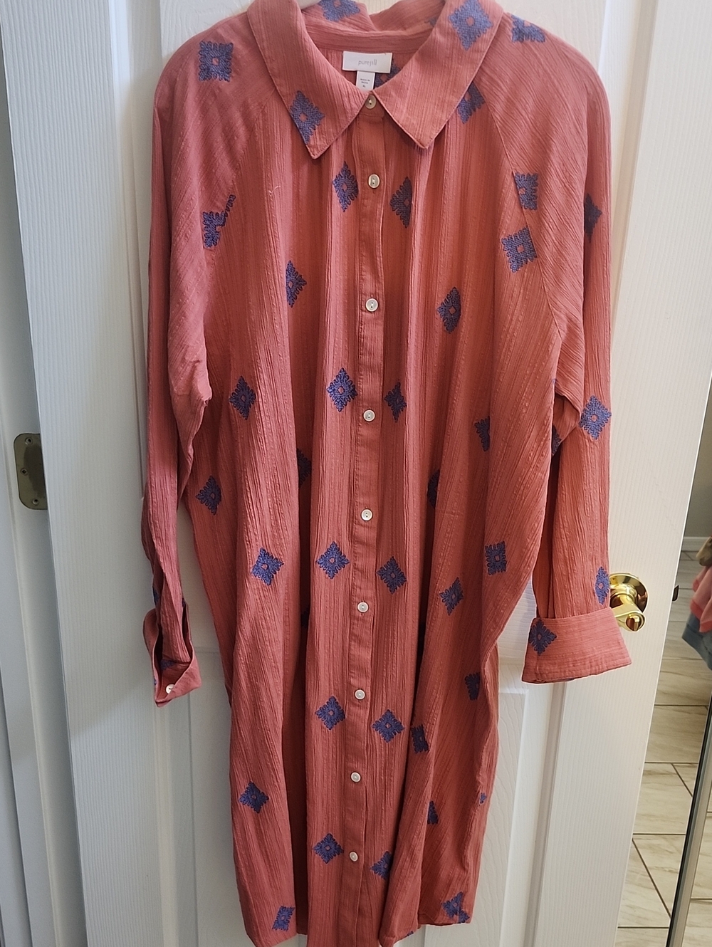 New! J. Jill Coral  Dress with Blue Embroidery